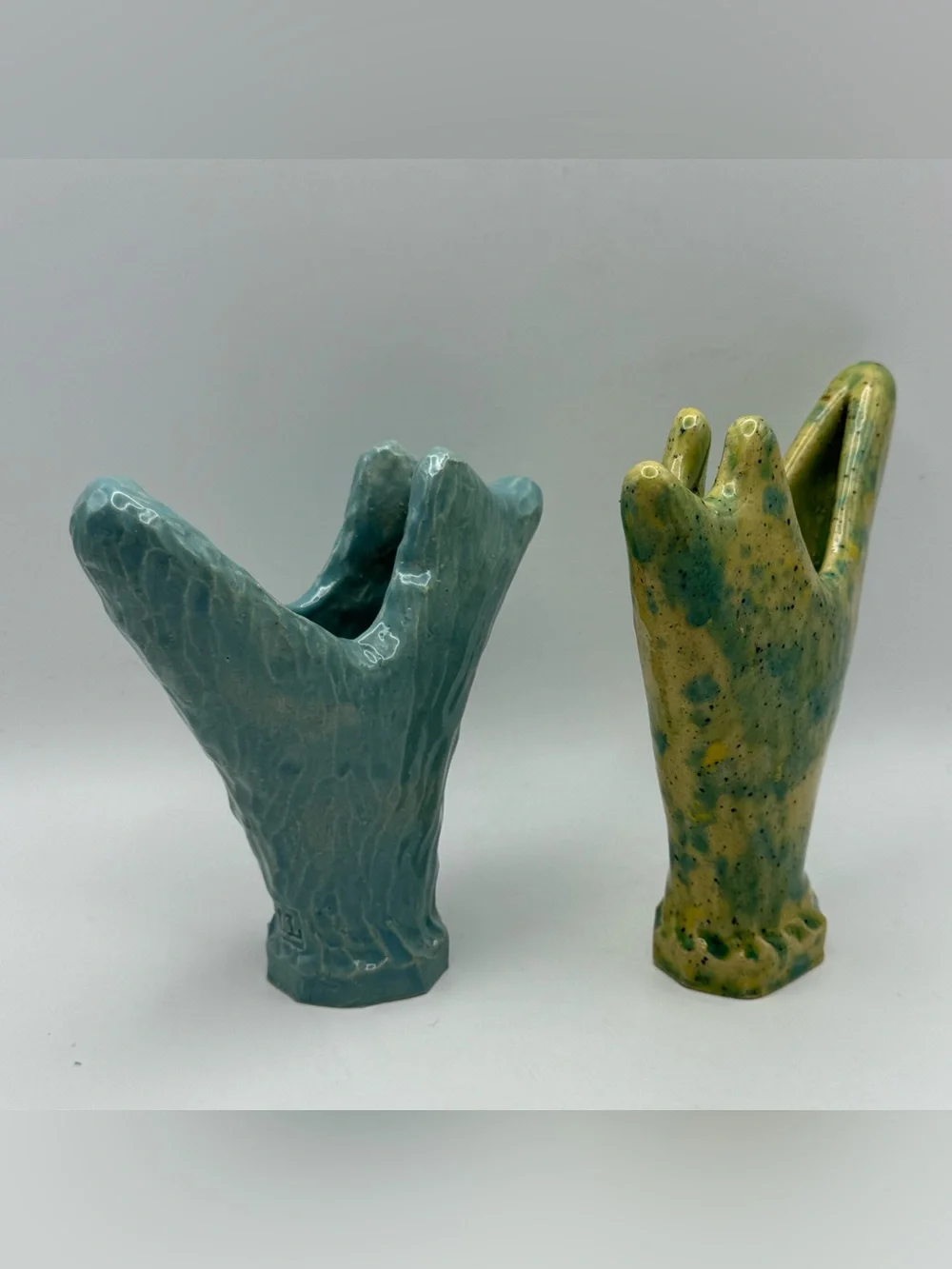 Vintage ML Studio Art Pottery Vases Pair Organic Sculptural Blue Green